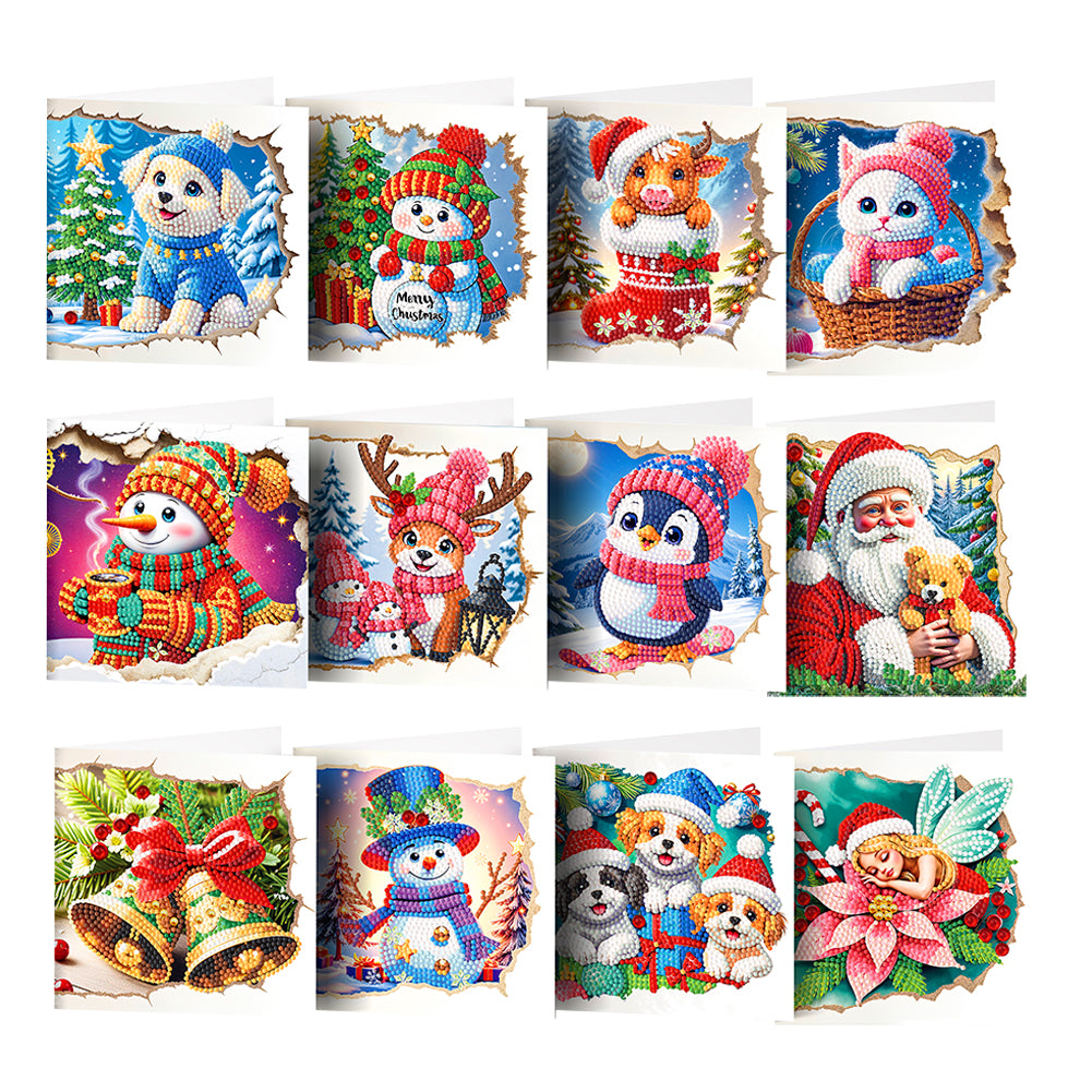 12PCS DIY Xmas Pattern Diamond Art Greeting Cards for Festivals and Celebrations