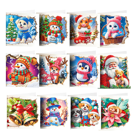 12PCS DIY Xmas Pattern Diamond Art Greeting Cards for Festivals and Celebrations