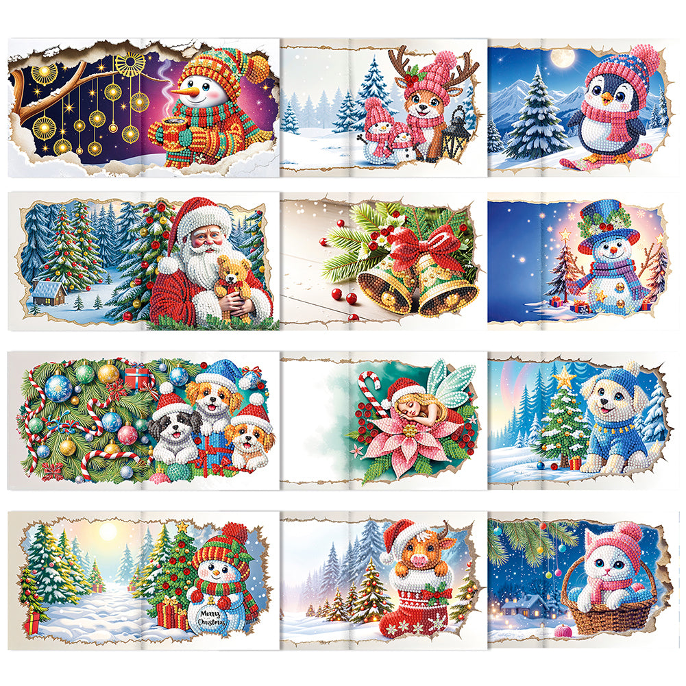 12PCS DIY Xmas Pattern Diamond Art Greeting Cards for Festivals and Celebrations