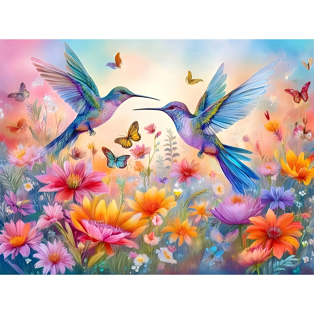 Flower Hummingbird - Full Round Drill Diamond Painting 40*30CM