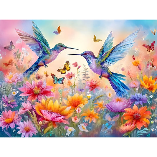 Flower Hummingbird - Full Round Drill Diamond Painting 40*30CM