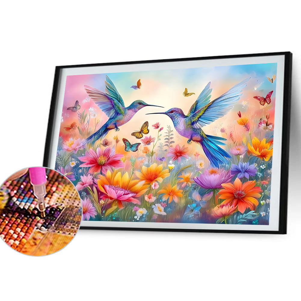 Flower Hummingbird - Full Round Drill Diamond Painting 40*30CM