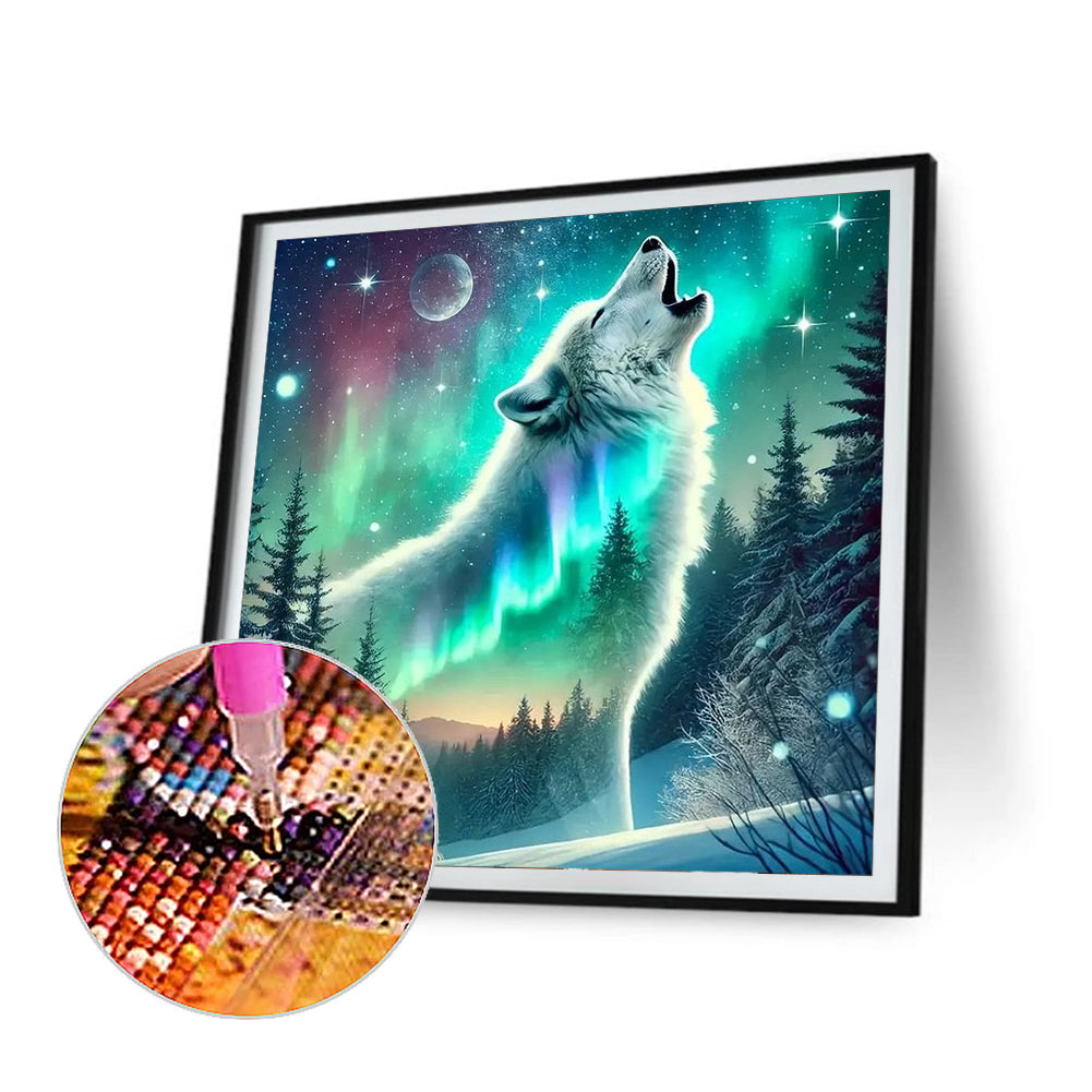 Wolf Under The Aurora - Full Round Drill Diamond Painting 30*30CM