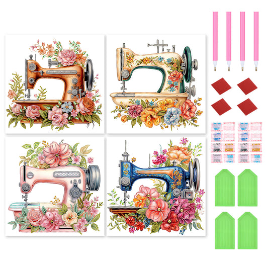 4Pcs Sewing Machine And Flower - Special Shaped Drill Diamond Painting 30*30CM