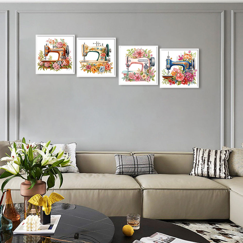4Pcs Sewing Machine And Flower - Special Shaped Drill Diamond Painting 30*30CM