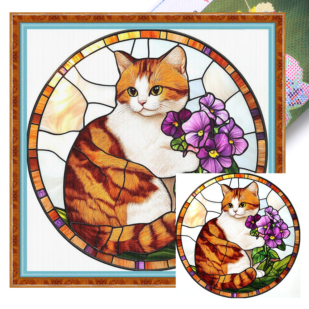 Orange Cat Glass Painting - 11CT Stamped Cross Stitch 40*40CM