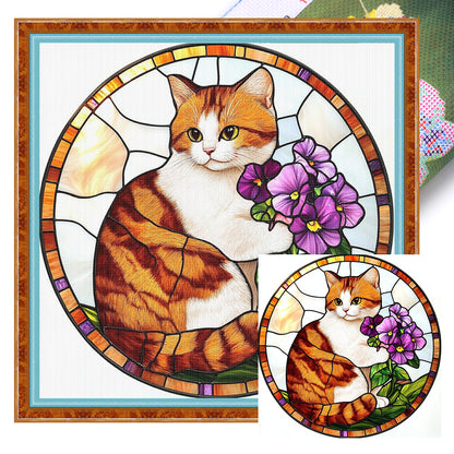 Orange Cat Glass Painting - 11CT Stamped Cross Stitch 40*40CM