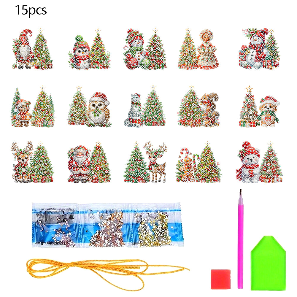 15pcs Xmas Theme 2D Flat DIY Hanging Diamond Art Kits Home Wall Decoration Craft