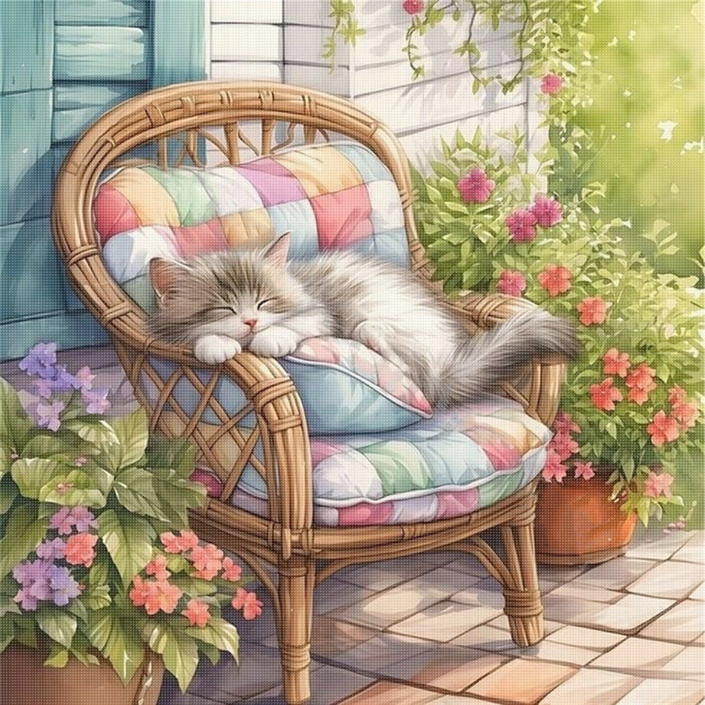 Sleeping Kitten On Lounger - 11CT Stamped Cross Stitch 45*45CM