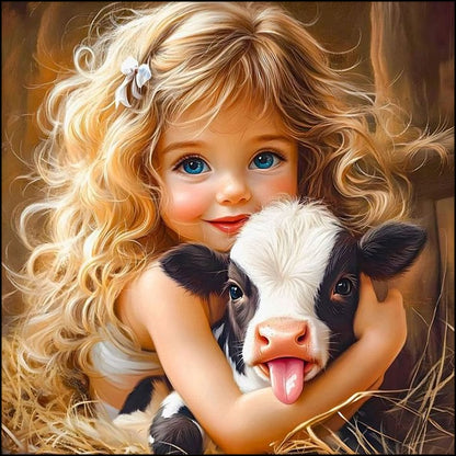 Girl And Cow - Full Round Drill Diamond Painting 40*40CM