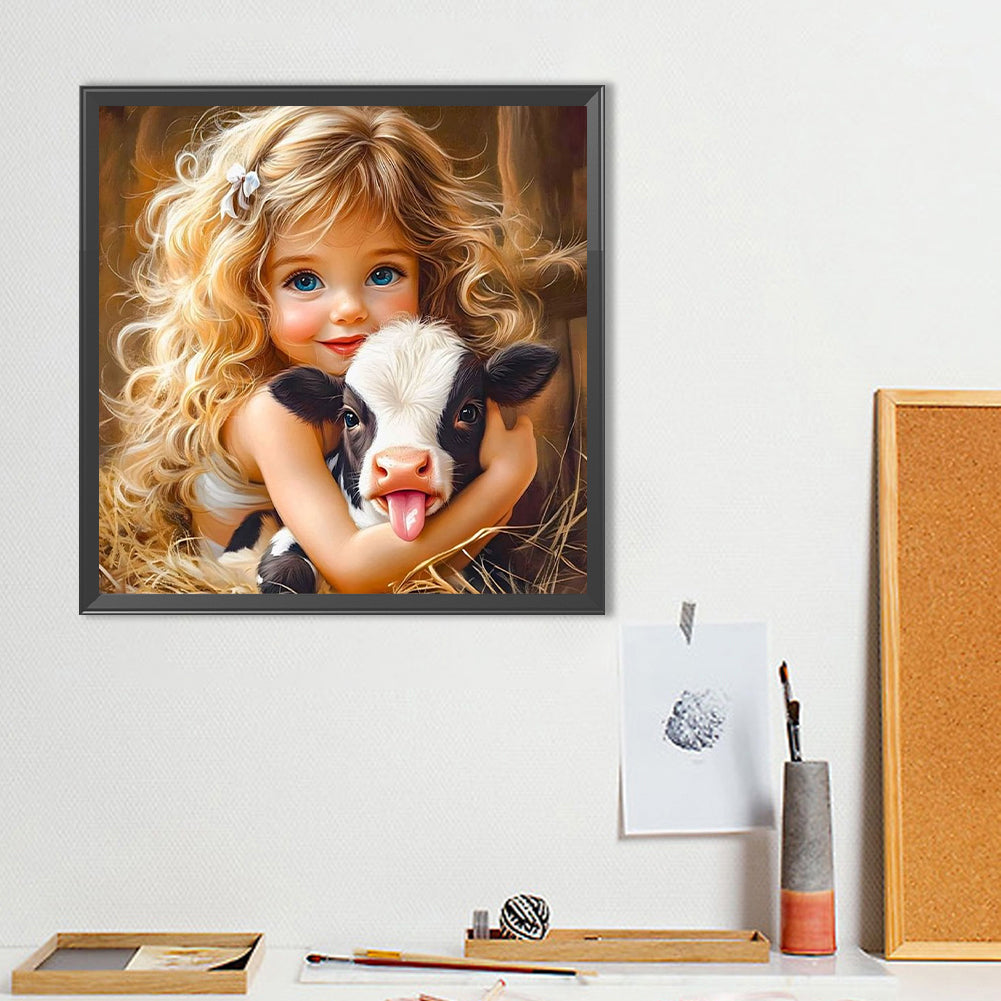 Girl And Cow - Full Round Drill Diamond Painting 40*40CM