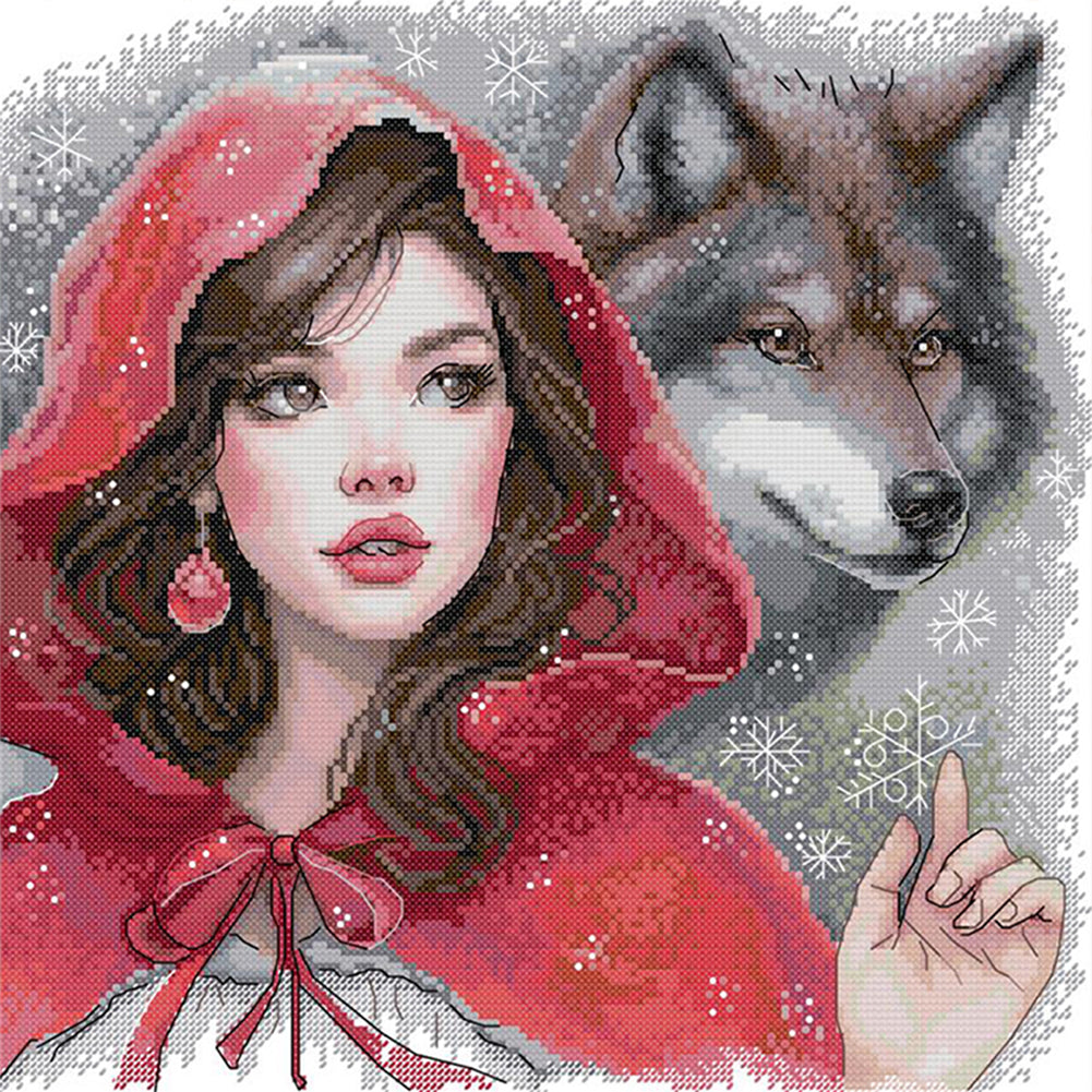 Red-Dressed Girl And The Big Bad Wolf - 11CT Stamped Cross Stitch 46*45CM(Joy Sunday)