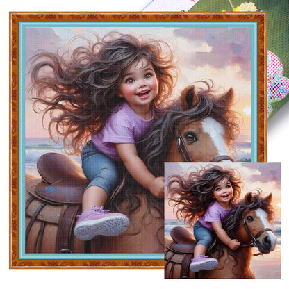 Girl Riding A Horse - 11CT Stamped Cross Stitch 40*40CM