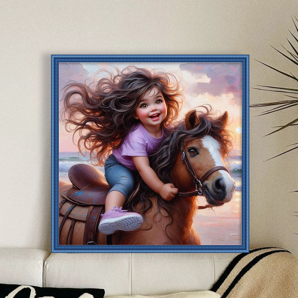 Girl Riding A Horse - 11CT Stamped Cross Stitch 40*40CM