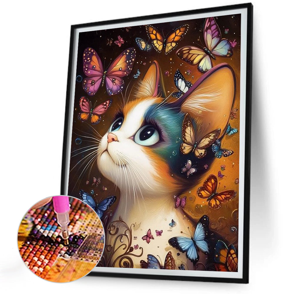 Cat Butterfly - Full Round Drill Diamond Painting 30*40CM