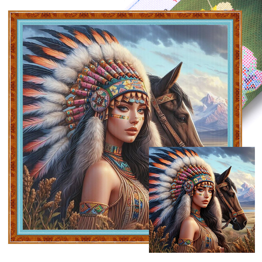 Girl And Horse - 11CT Stamped Cross Stitch 45*45CM