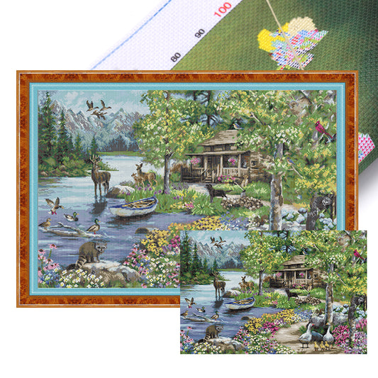 Lakeside Cottage - 14CT Stamped Cross Stitch 73*52CM(Joy Sunday)