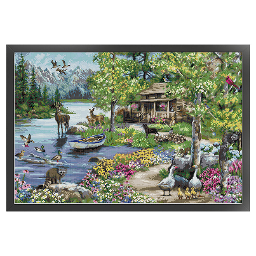 Lakeside Cottage - 14CT Stamped Cross Stitch 73*52CM(Joy Sunday)