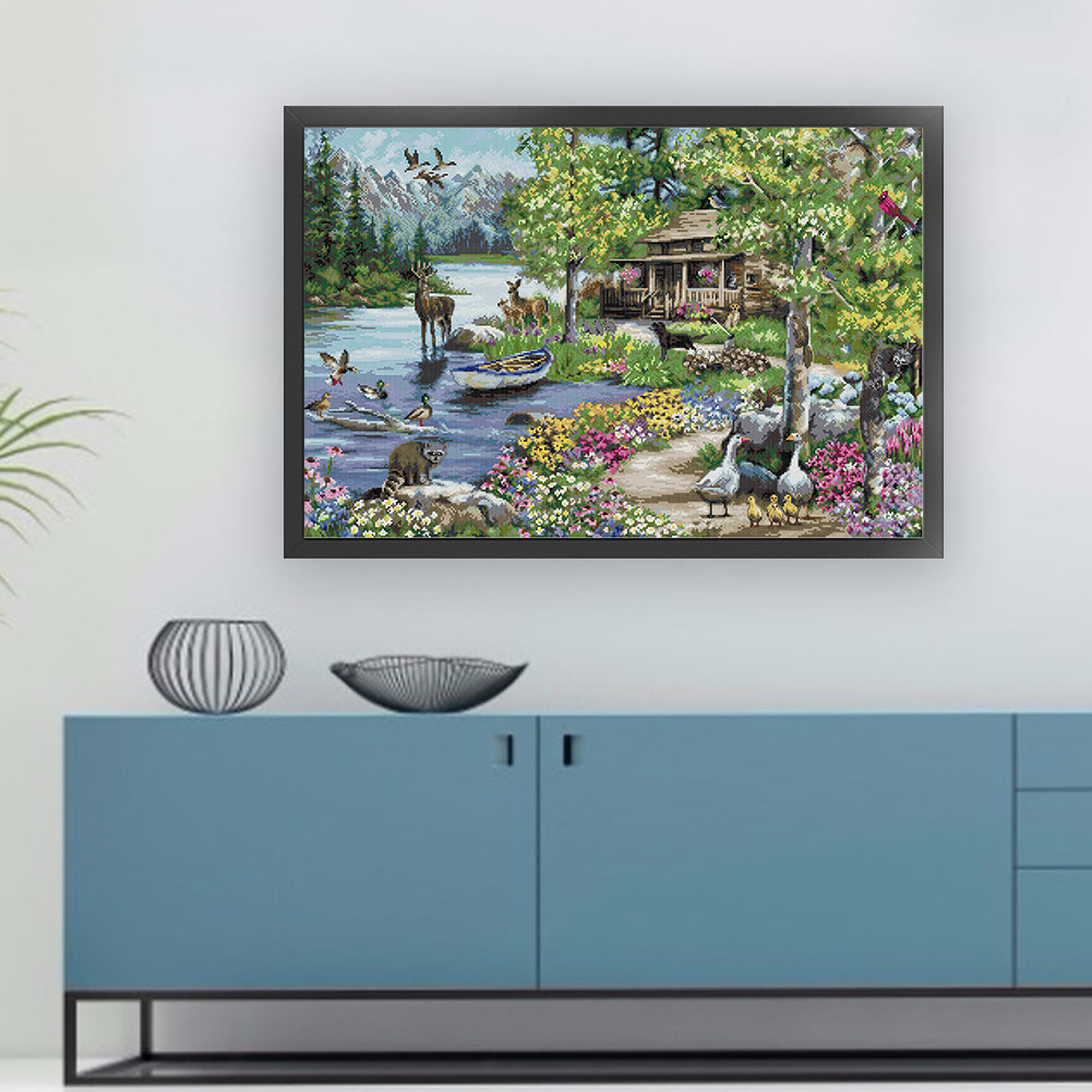 Lakeside Cottage - 14CT Stamped Cross Stitch 73*52CM(Joy Sunday)