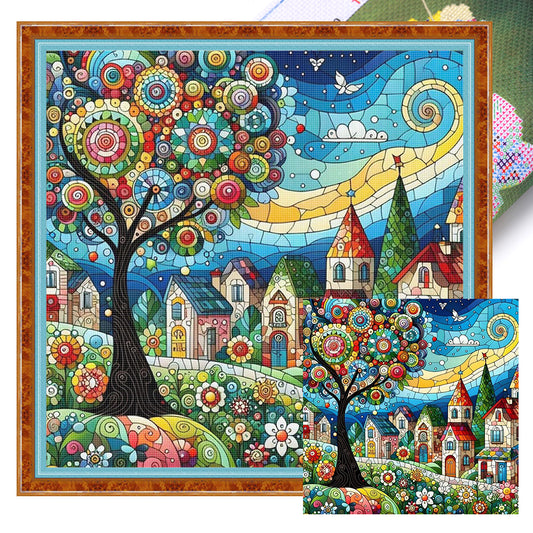 Glass Painting Colorful Cottage - 11CT Stamped Cross Stitch 50*50CM