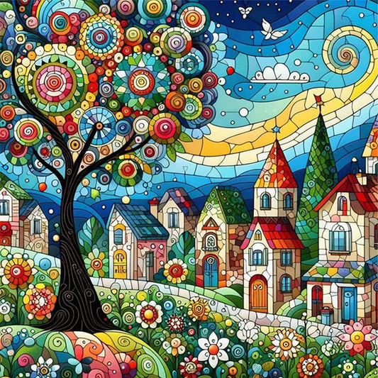 Glass Painting Colorful Cottage - 11CT Stamped Cross Stitch 50*50CM