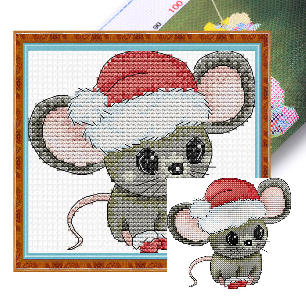 Little Mouse With Santa Hat - 11CT Stamped Cross Stitch 21*18CM(Joy Sunday)