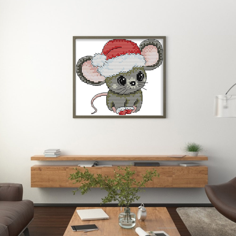 Little Mouse With Santa Hat - 11CT Stamped Cross Stitch 21*18CM(Joy Sunday)