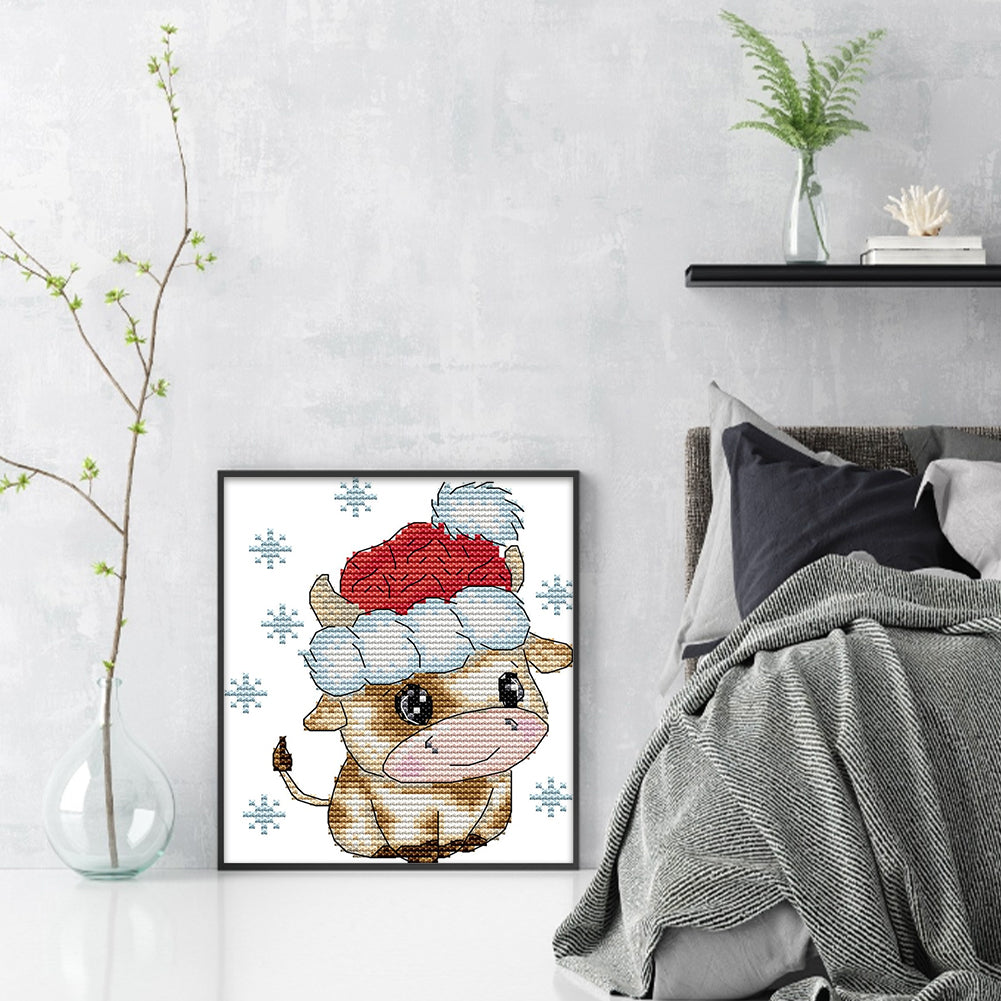 Calf With Santa Hat - 11CT Stamped Cross Stitch 19*21CM(Joy Sunday)