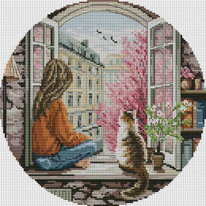 Spring Window-Girl - 14CT Stamped Cross Stitch 31*31CM(Joy Sunday)