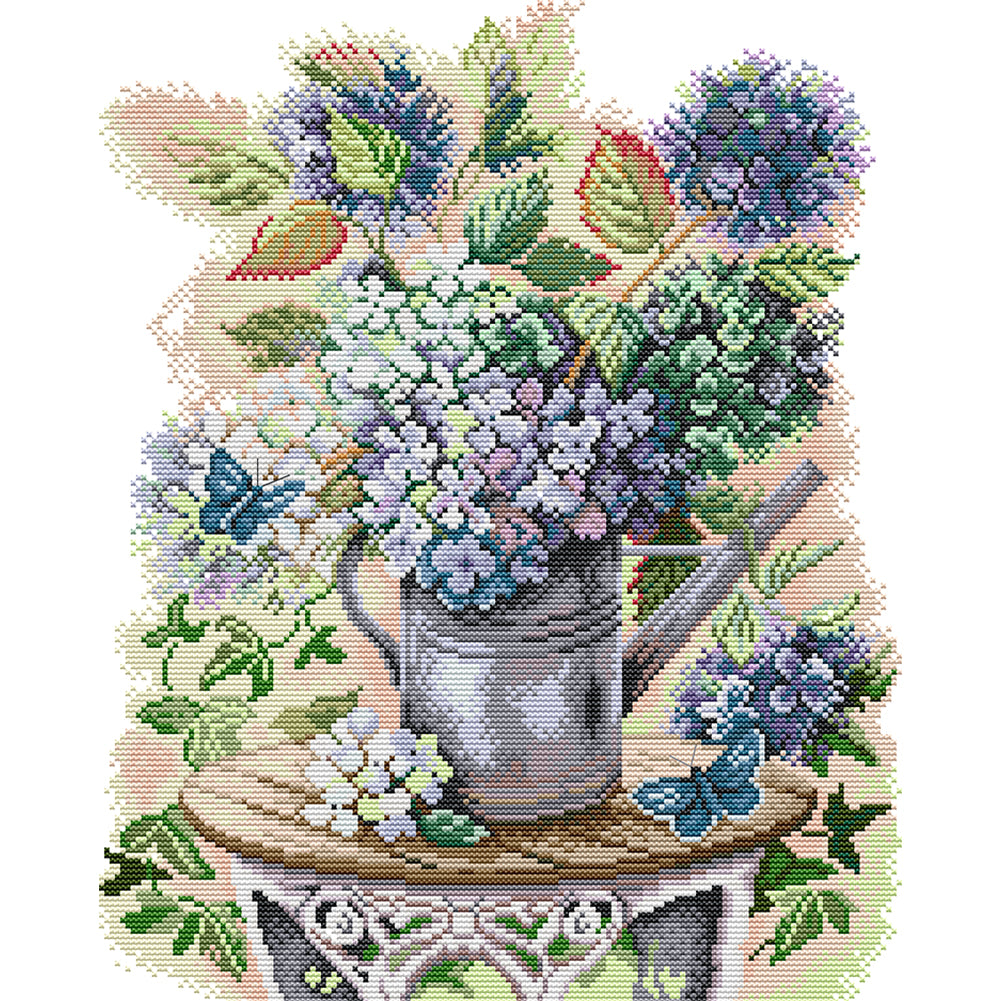 Hydrangea And Butterfly - 14CT Stamped Cross Stitch 35*42CM(Joy Sunday)