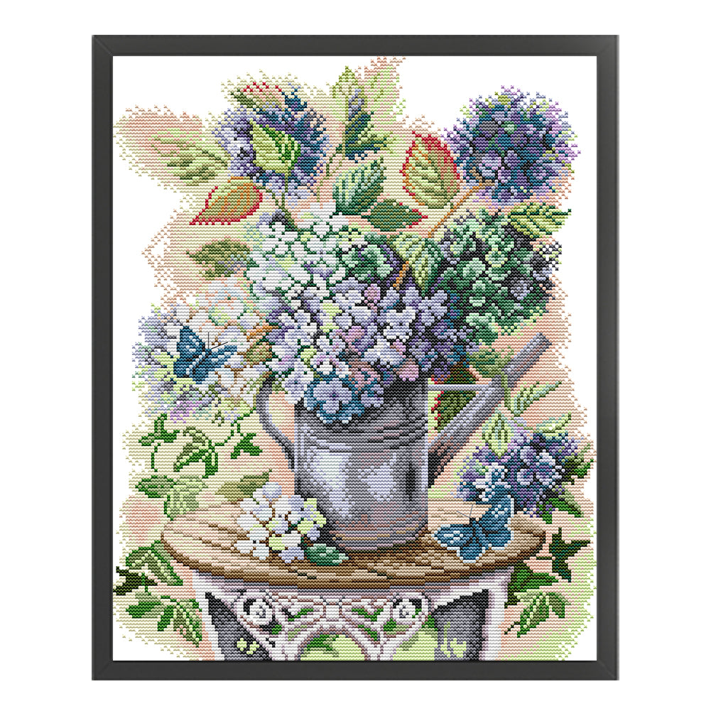 Hydrangea And Butterfly - 14CT Stamped Cross Stitch 35*42CM(Joy Sunday)