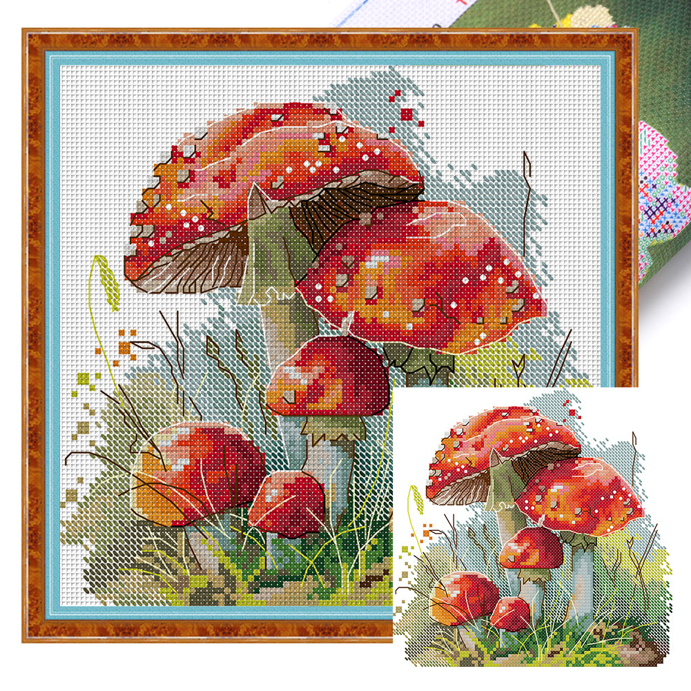 Red Mushrooms In The Grass - 14CT Stamped Cross Stitch 21*21CM(Joy Sunday)