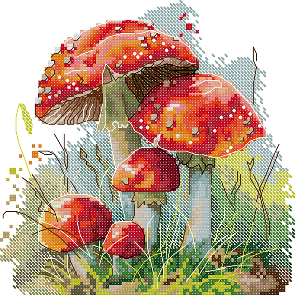 Red Mushrooms In The Grass - 14CT Stamped Cross Stitch 21*21CM(Joy Sunday)