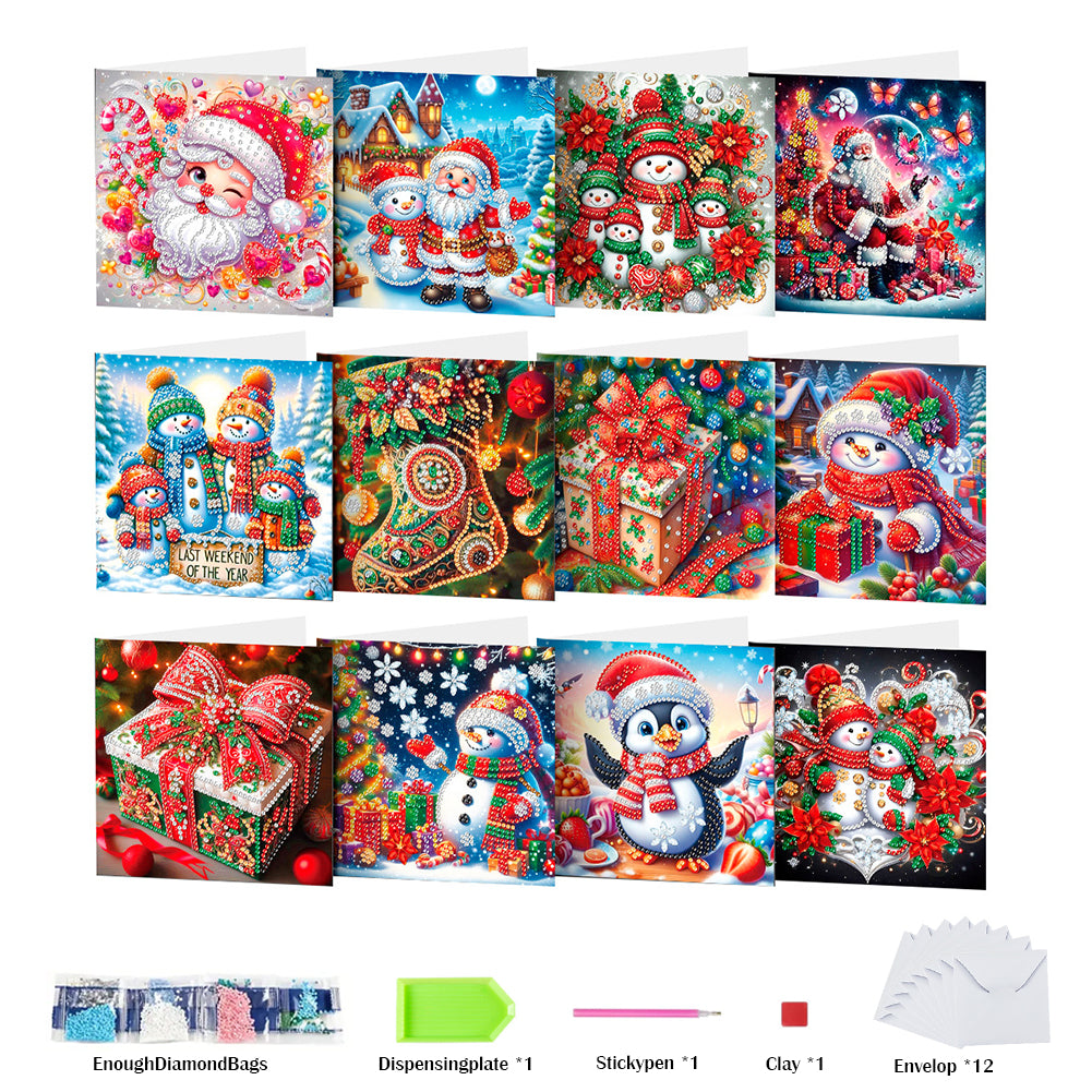 12pcs DIY Diamond Art Greeting Cards Xmas Theme Congratulations Cards & Gifts