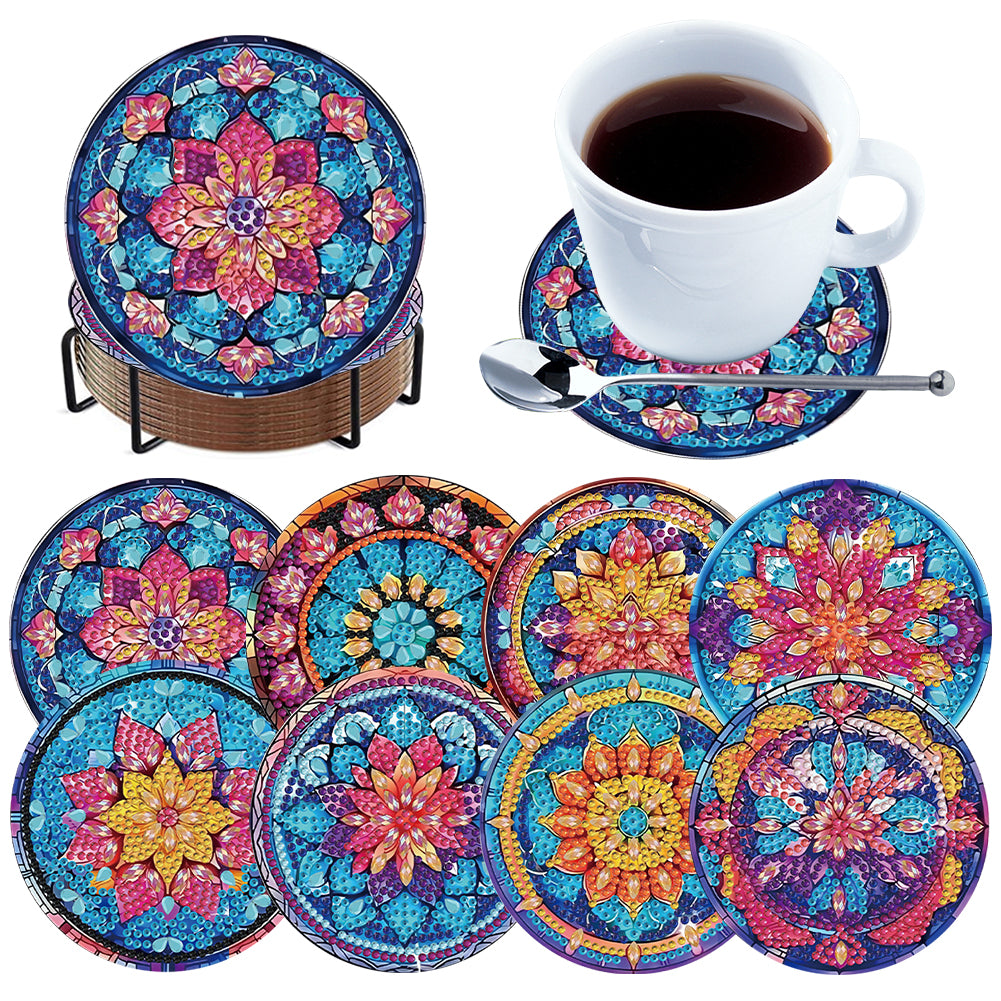8pcs DIY Diamond Painting Coasters Kits Wooden Diamond Coaster Craft with Holder