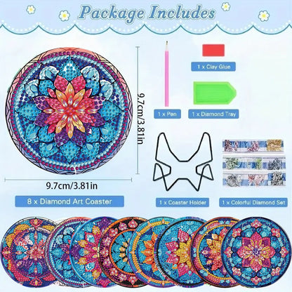 8pcs DIY Diamond Painting Coasters Kits Wooden Diamond Coaster Craft with Holder