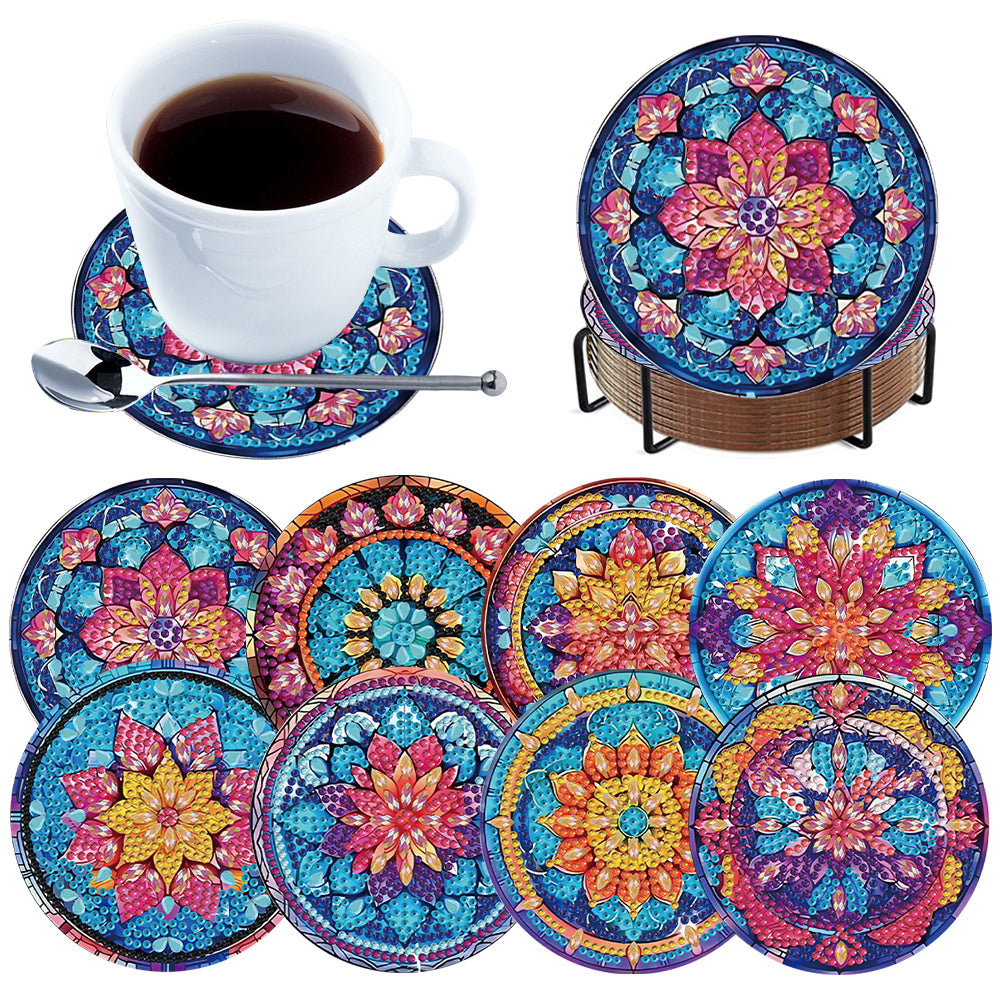 8pcs DIY Diamond Painting Coasters Kits Wooden Diamond Coaster Craft with Holder
