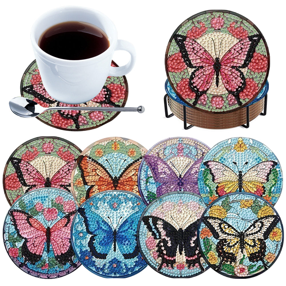 8pcs DIY Diamond Painting Coasters Kits Wooden Diamond Coaster Craft with Holder