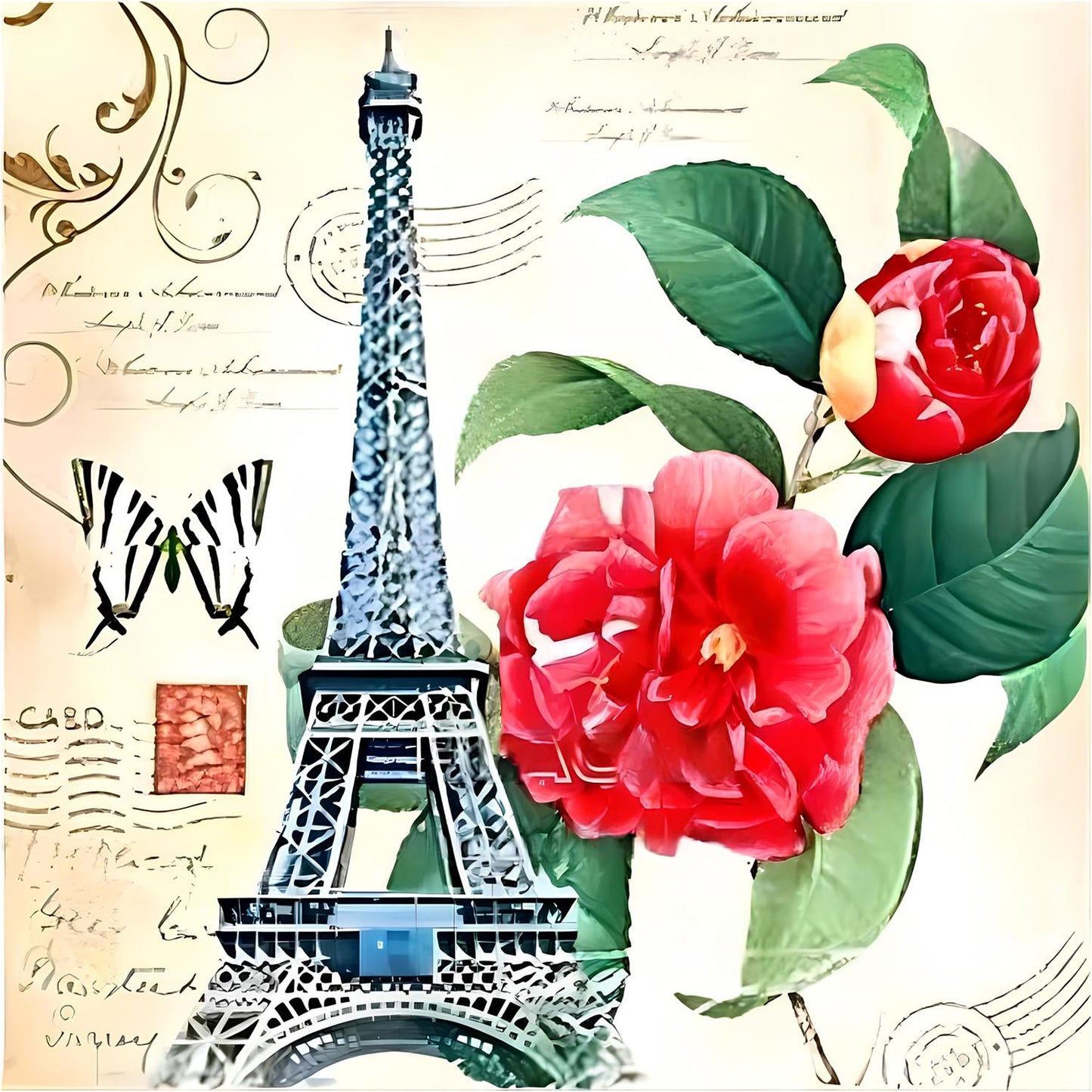 Eiffel Tower And Camellias - Full Round Drill Diamond Painting 30*30CM
