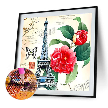 Eiffel Tower And Camellias - Full Round Drill Diamond Painting 30*30CM