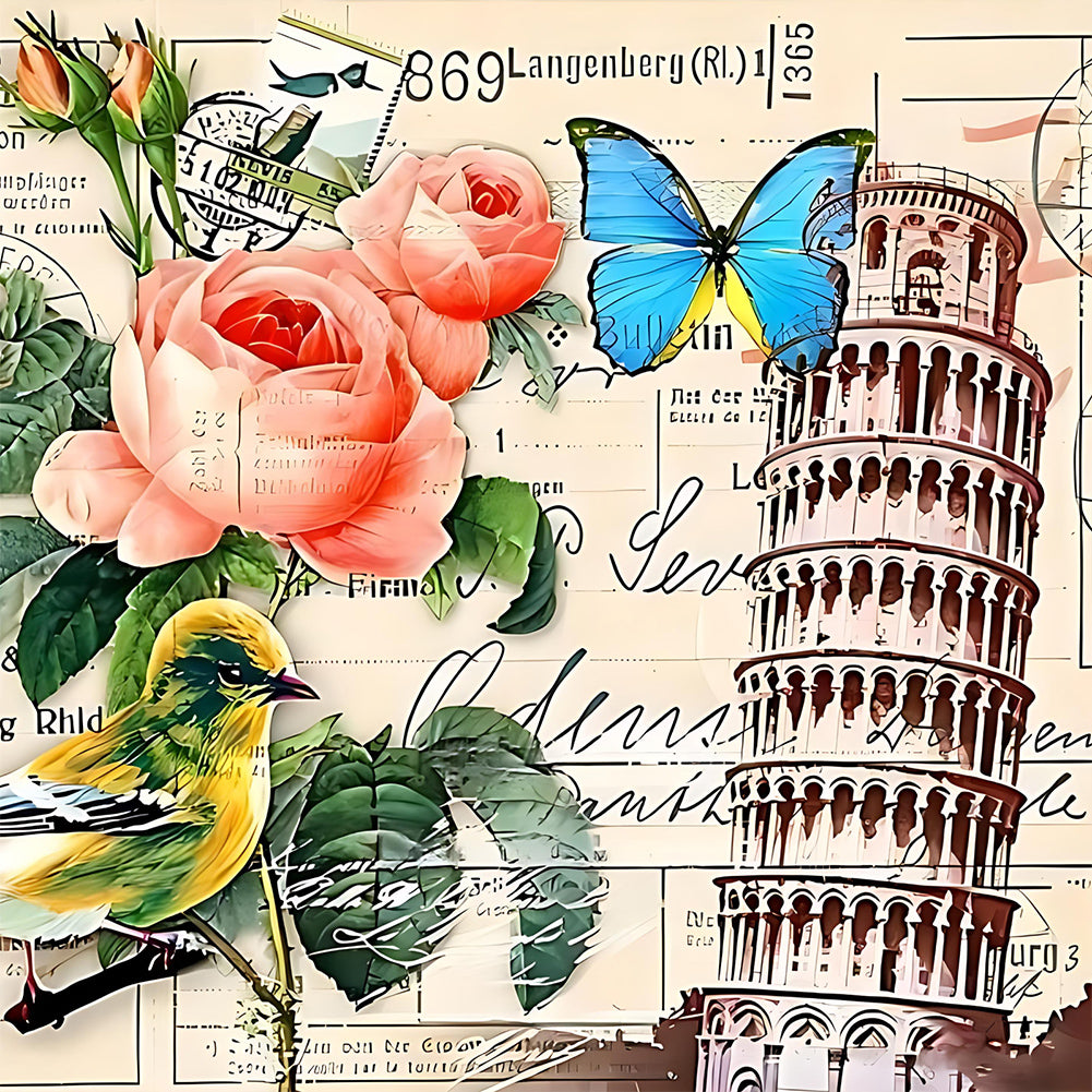 Leaning Tower Of Pisa And Roses - Full Round Drill Diamond Painting 30*30CM