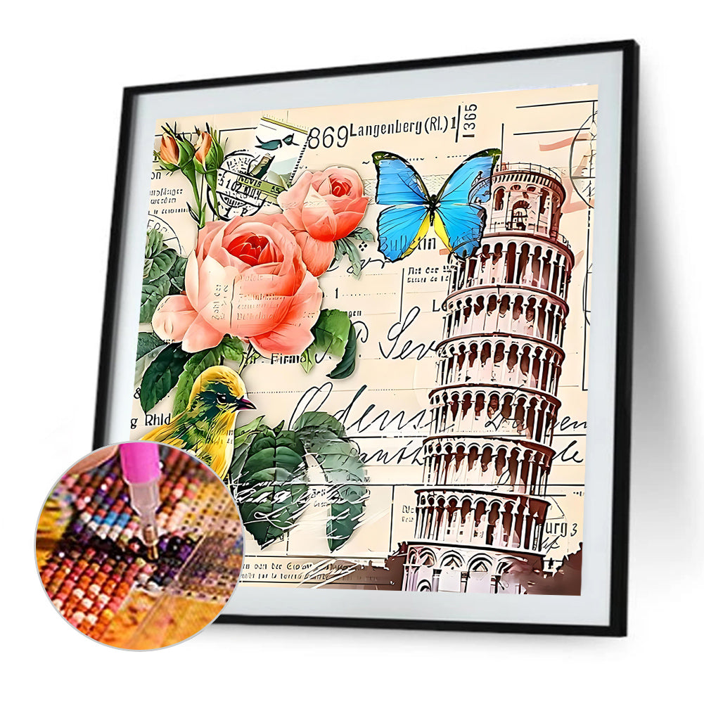 Leaning Tower Of Pisa And Roses - Full Round Drill Diamond Painting 30*30CM