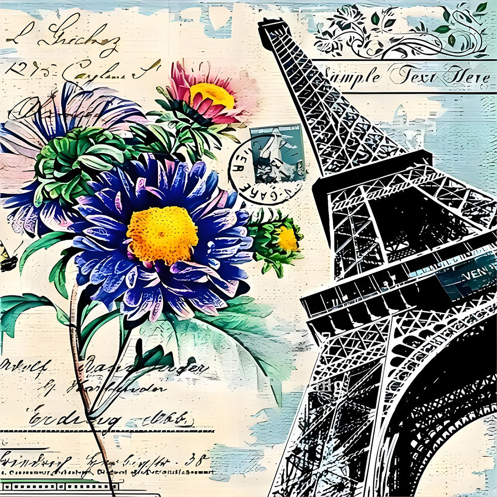 Eiffel Tower And Chrysanthemums - Full Round Drill Diamond Painting 30*30CM