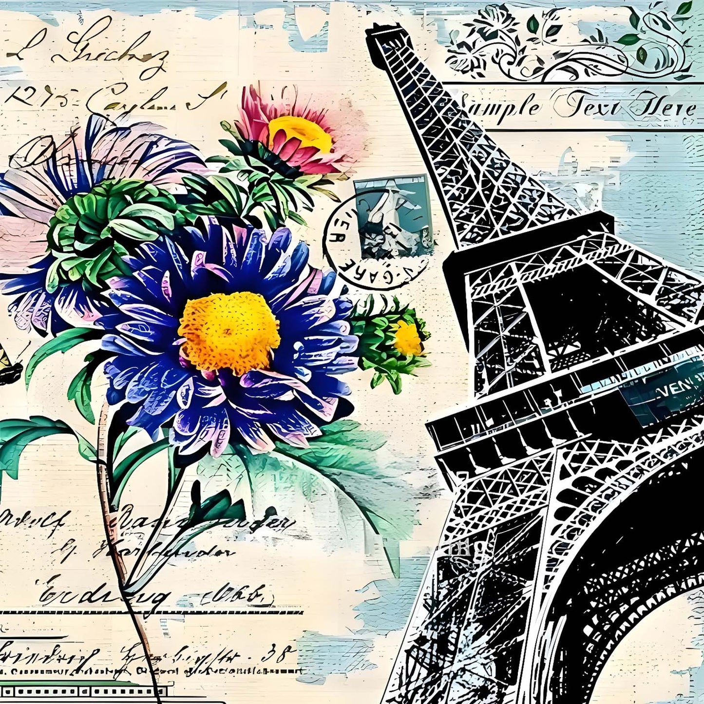 Eiffel Tower And Chrysanthemums - Full Round Drill Diamond Painting 30*30CM