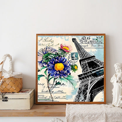 Eiffel Tower And Chrysanthemums - Full Round Drill Diamond Painting 30*30CM