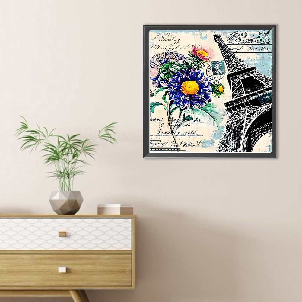 Eiffel Tower And Chrysanthemums - Full Round Drill Diamond Painting 30*30CM