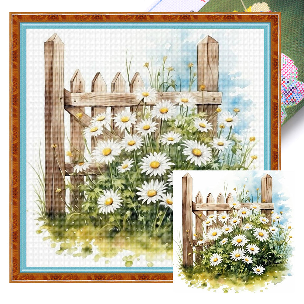 Daisy Fence - 18CT Stamped Cross Stitch 25*25CM