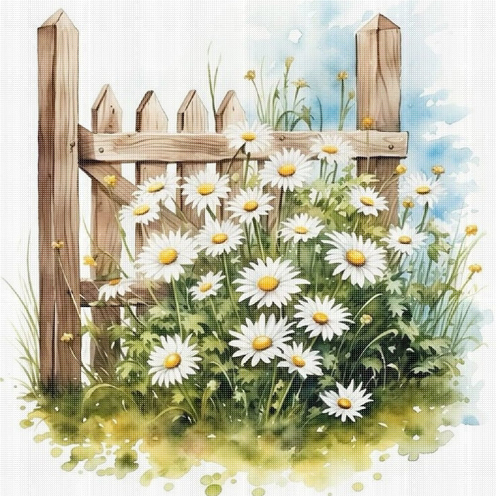 Daisy Fence - 18CT Stamped Cross Stitch 25*25CM