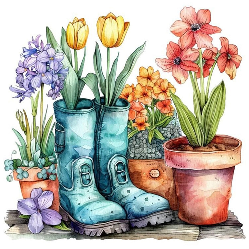 Flowers In Boots - 18CT Stamped Cross Stitch 25*25CM