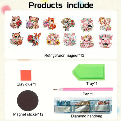 12PCS 2D Flat DIY Magnetic Refrigerator Stickers Diamond Art Kits for Home Decor